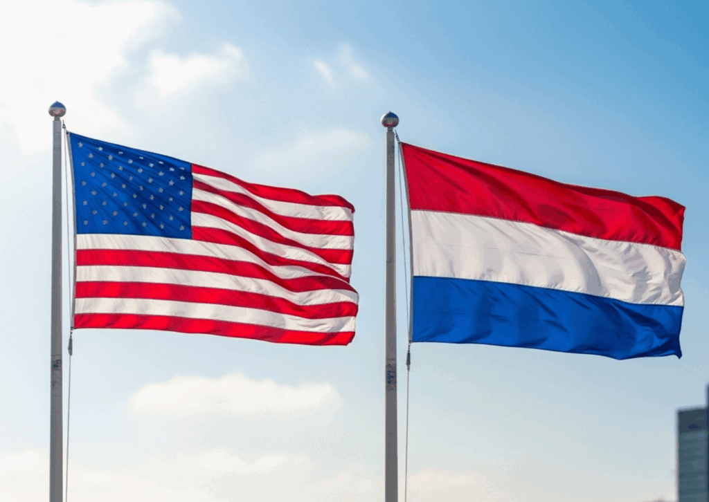 us and dutch flag image of the american and dutch flag with blue sky as background